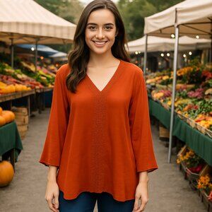 Spense Coral Boho trim detail 3/4 Sleeve Top Size Med